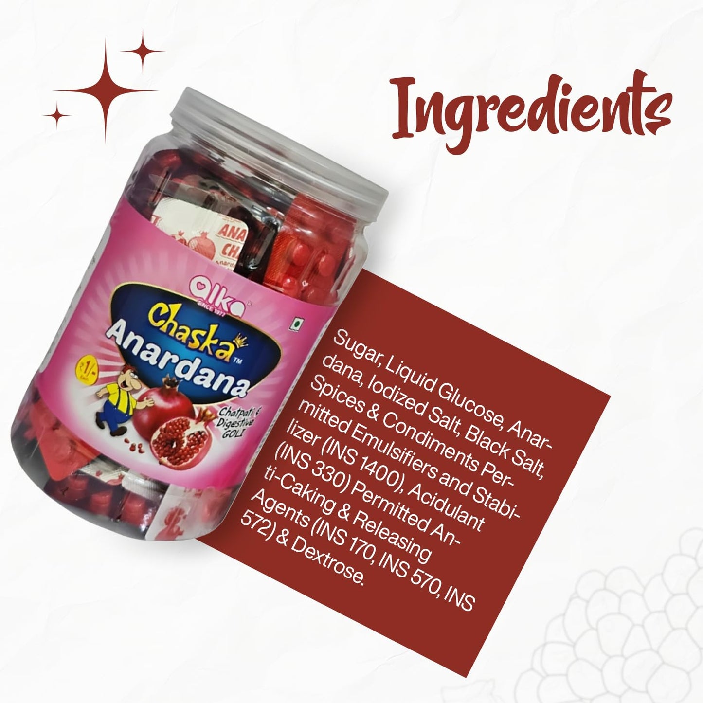 CHASKA Anardana Tablets Digestive Candy | Tangy Chatpata Flavor | Pocket-Friendly Strips Pack | After Meal Digestive Goli | 100 Strips