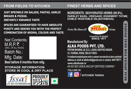 ALKAS Kitchen Tadka|Italian|Pizza|Pasta|Seasoning|Powder|Herbs Mix|Dispenser Pack Bottle|100Gm