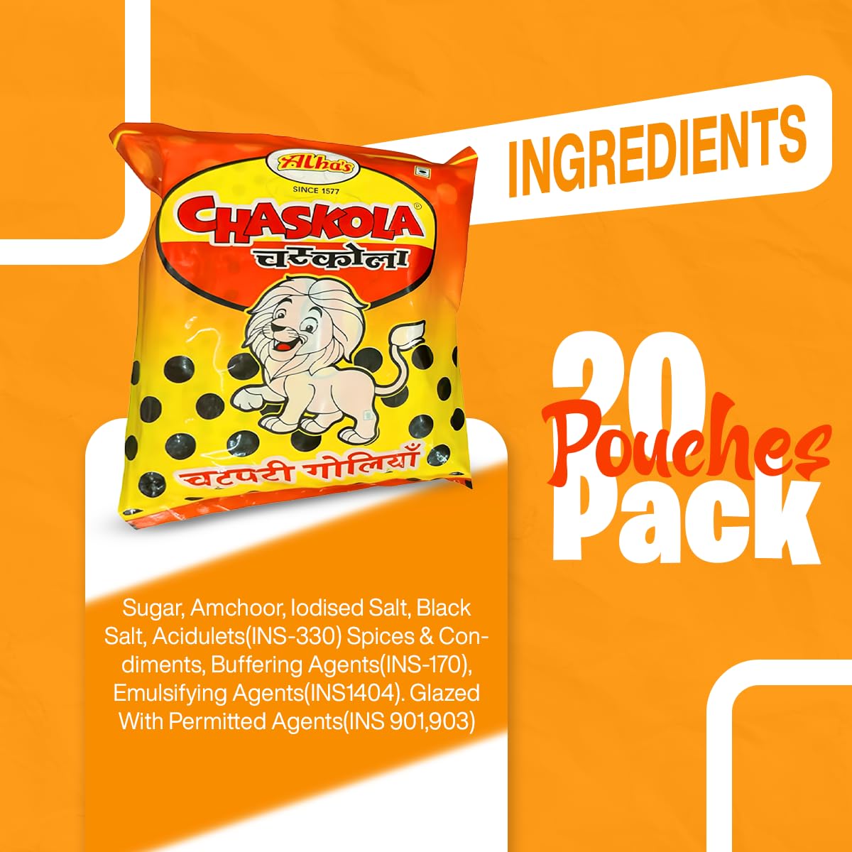 Chaskola chatpati Khatti Meethi Goli - 20 Pouches | Sweet & Sour Candy | Ideal for School, Travel & Gifting pack of-2 (CHASKOLA_PACK_OF_2)