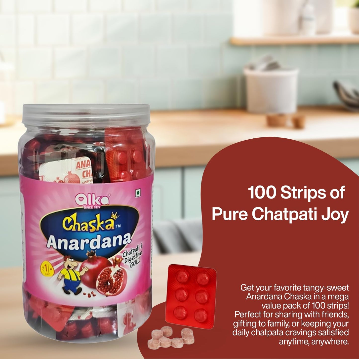 CHASKA Anardana Tablets Digestive Candy | Tangy Chatpata Flavor | Pocket-Friendly Strips Pack | After Meal Digestive Goli | 100 Strips