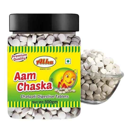 AAM CHASKA Chatpati Aam Goli | Khatti Meethi Mango Candy | Tangy Digestive Tablets | Relieves Acidity, Gas & Indigestion | Post-Meal Mouth Freshener | Alka Foods Since 1977 | 300gm Jar