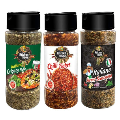 Kitchen Tadka-|Italian|Oregano|Chilli Flakes|Pizza|Pasta|Seasoning|Powder|Herbs Mix|Combo Pack of 3|Dispenser pack Bottle|100gm Each