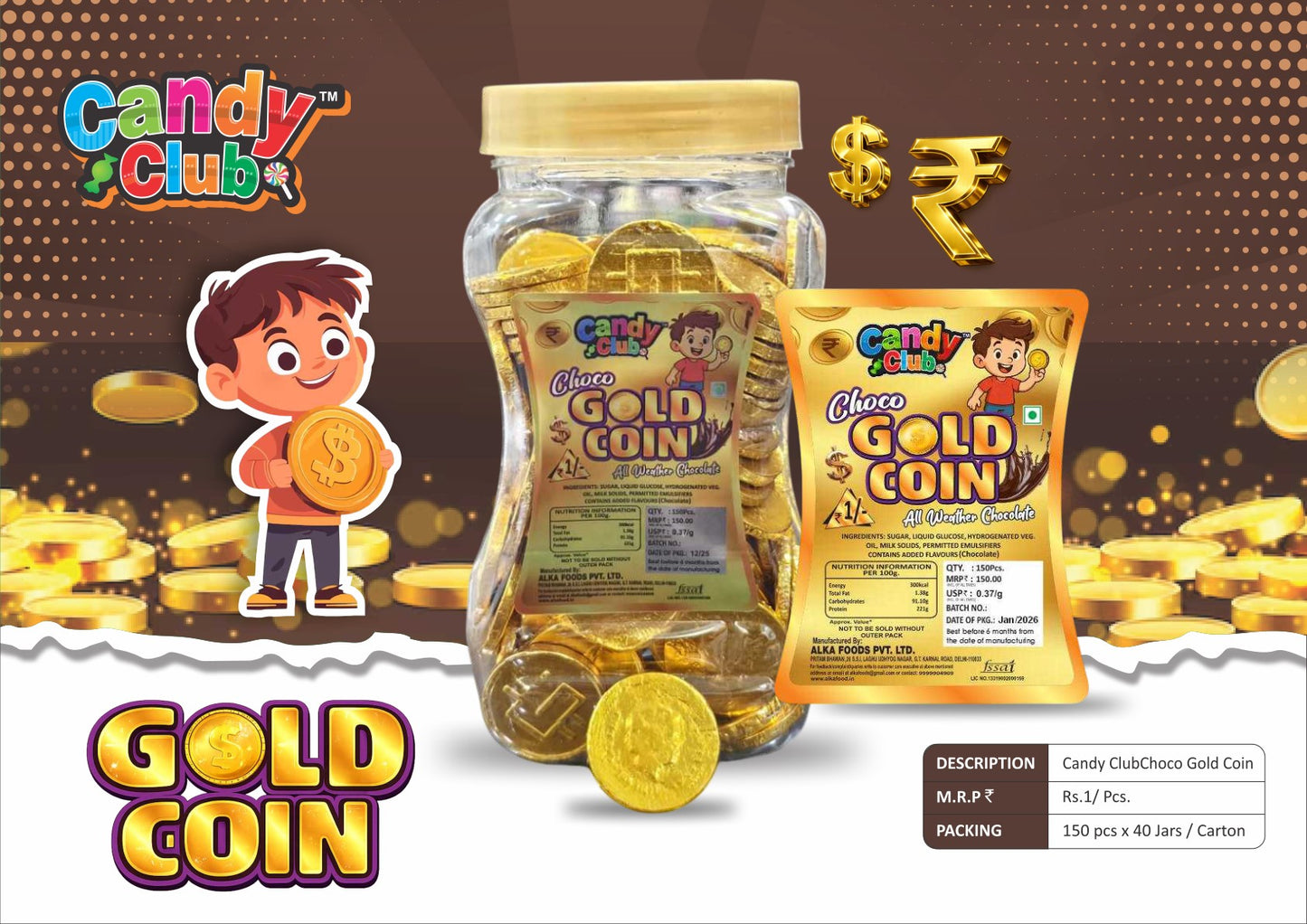 Candy Club Choco Gold Coin – Milk Chocolate Gold Coin Candy | ₹1 Chocolate Coin | 150 Pcs Jar